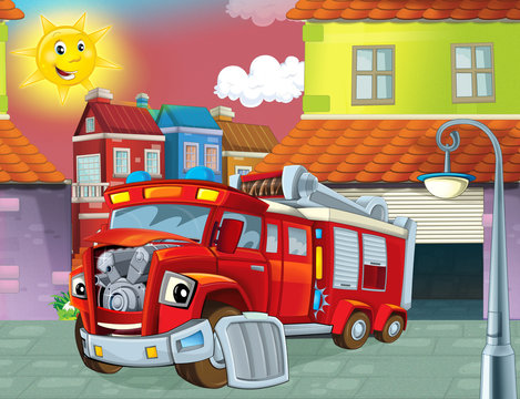 Cartoon mechanic workshop - repairing firetruck - illustration for the children