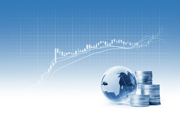 globe and silver coins and Stock Charts on blue background