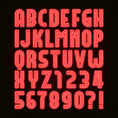 Retro red neon tube alphabet font. Retro type letters and numbers on a dark background. Vector font for labels, titles, posters etc.