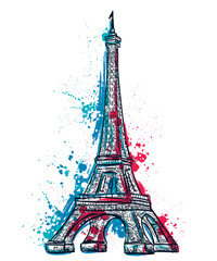 Eiffel Tower with abstract splashes in watercolor style. Colorful hand drawn vector illustration