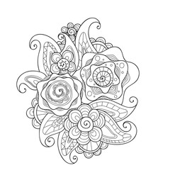 Doodle art flowers. Zentangle style black and white floral pattern. Hand drawn herbal design elements.