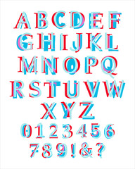 Kid's style colorful latin alphabet layered with different fonts. Illustration of capital letters and numbers. Eps 10 Vector