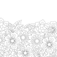 Zentangle style invitation card. Doodle flowers and leaves frame design for card. Vector decorative element border.