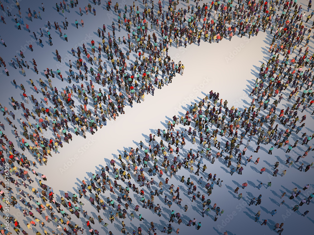 Wall mural Large group of people forming a arrow symbol