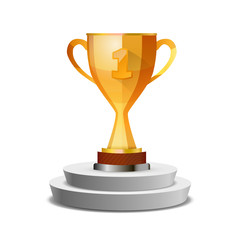 Bright glossy winner cup on white pedestal