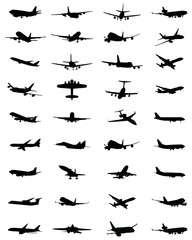 Black silhouettes of different aircrafts, vector