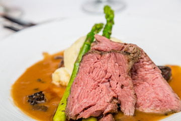 Sliced Tenderloin with Asparagus and Mushroom Gravy