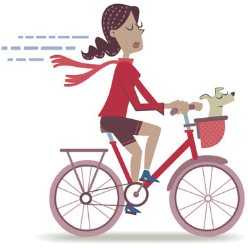 Woman riding a bike. Retro style illustration of a woman riding a bicycle with his small dog. 