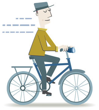Man riding a bike. Retro style illustration of a man with hat riding a bicycle. 