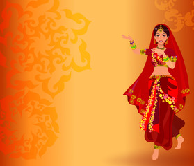 Traditional symbols of India: dancing women and Indian ornament.