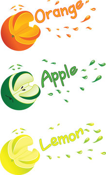 Symbolic images of orange, lemon and apple with juice splashes.