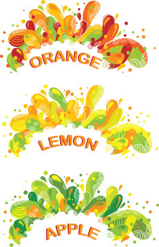 Orange, lemon and apple juice colorful splashes.
