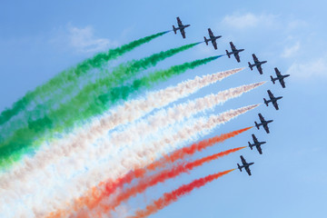 Aerobatic team in action on blue sky background