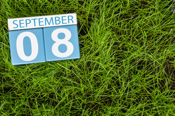 September 8th. Image of september 8 wooden color calendar on green grass lawn background. Autumn day. Empty space for text. International Day Of Journalists' Solidarity