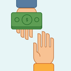 Hands giving and receiving money. Vector illustration. Flat design style