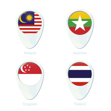 Malaysia, Myanmar, Singapore, Thailand Flag Location Map Pin Icon.