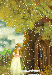 Cartoon fairy tale scene with a young little girl living in a tree house - standing near the door - illustration for children