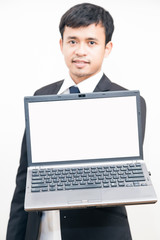 Portrait of young asian business man black suit holding laptop c