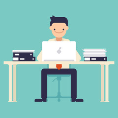 Office worker sitting at the table and working on the computer. Vector illustration
