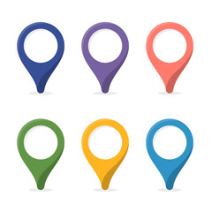 Map marker, map pin. Map markers with blank space. 6 colors. Vector signs, symbols.