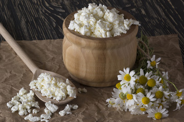 Cottage cheese and chamomile flowers