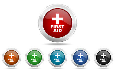 Web glossy colored vector first aid icon set