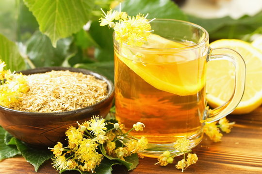 Herbal tea with linden flowers and lemon