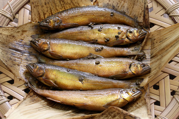 simmered ayu ( sweetfish ) with japanese pepper, japanese fish dish
