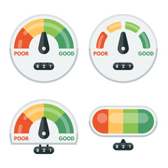 Set of credit score indicators and gauges. Measurement level, display pressure, minimum and maximum illustration. Vector flat illustration.
