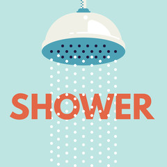 Shower head in bathroom with water drops flowing. Vector illustration. Flat design style
