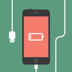 Low battery. Phone charging, flat icon isolated on a green. Vector flat illustration.