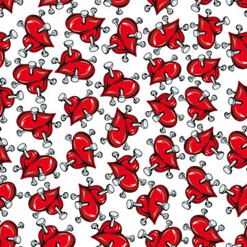 Seamless pattern of red hearts punctured by nails 
