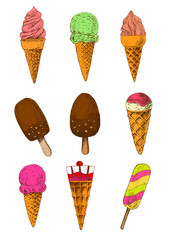 Sketched ice cream cones, sticks and popsicle