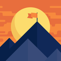 Success or leadership concept with mountain landscape. Vector flat illustration