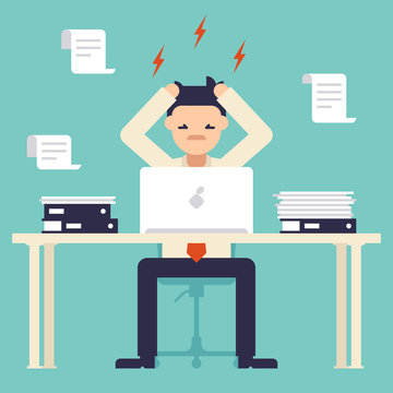 A lot of work. Stress at work. Busy time of businessman in hard working. Man tearing his hair out. New job stress work. Vector illustration. Flat design style.