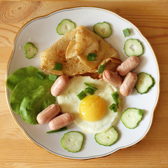 dish for refreshment appetite/ flat layout of food on a plate of fried eggs, sausages, pancakes and green top view 