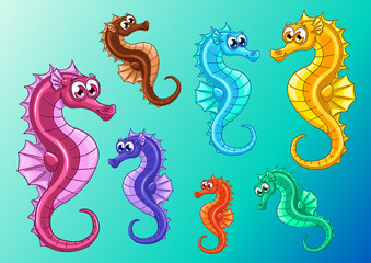 Obraz premium Set seven iridescent sea horses on blue