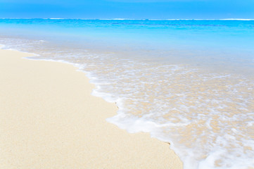 Fototapeta na wymiar A wave washing over the sandy tropical seashore on a beautiful day 