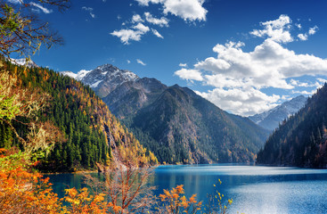 Beautiful view of the Long Lake among mountains and fall woods