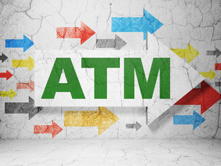 Money concept: arrow with ATM on grunge wall background
