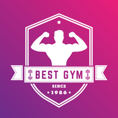 Best gym vintage logo, white badge with posing athlete, vector illustration