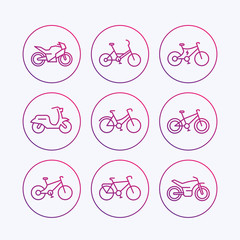 Bikes icons, bicycle, bike, cycling, motorcycle, motorbike, fat bike, scooter, electric bike thin line icons, vector illustration