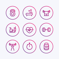 Fitness line icons, thick outline, fit and active lifestyle, workout, training, fitness linear symbols, vector illustration
