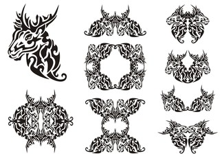 Tribal deer symbols. Flaming decorative deer head symbols and deer frames for your design 