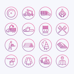 Logging icons, sawmill, forestry equipment, logging truck, tree harvester, timber, wood, lumber, thin line icons set, vector illustration