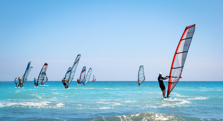 Windsurfing sails on the blue sea