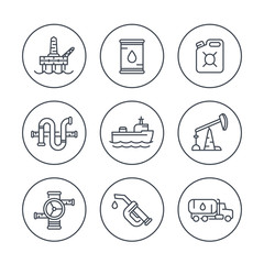 Petroleum industry line icons, oil rig, derrick, pipeline, barrel, drilling platform, oil tanker, petrol can, vector illustration