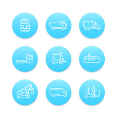 Transportation line icons, forklift, cargo ship, train, cargo truck, transit, transportation linear pictograms, round blue icons on white, vector illustration