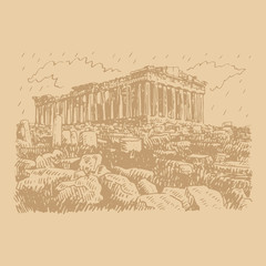 The Parthenon temple on the Athenian Acropolis, Greece. Vector freehand pencil sketch.