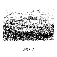 View of Parthenon temple on the Acropolis of Athens, Greece. Vector freehand pencil sketch.